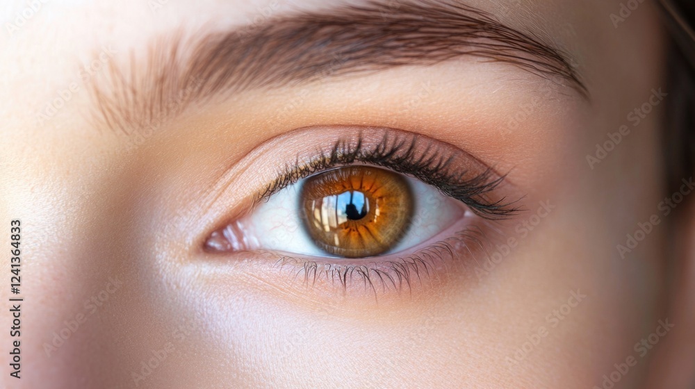 Close-up of a young Caucasian woman's captivating brown eye with smooth skin and delicate lashes, showcasing natural beauty and clarity. Close-up of a young Caucasian woman's captivating brown eye with smooth skin and delicate lashes, showcasing natural beauty and clarity.