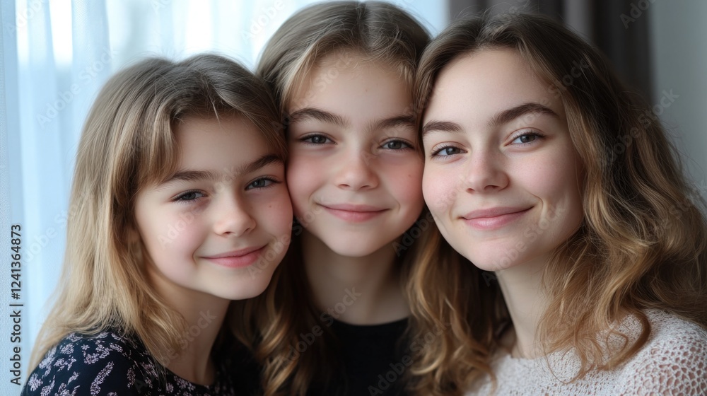 Happy mother with two daughters smiling together in a bright home interior with soft natural light, showcasing joy and familial love. Happy mother with two daughters smiling together in a bright home interior with soft natural light, showcasing joy and familial love.