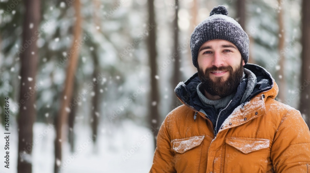 Smiling bearded man in orange winter jacket and gray hat standing in snowy forest during winter with falling snowflakes and tall pine trees Smiling bearded man in orange winter jacket and gray hat standing in snowy forest during winter with falling snowflakes and tall pine trees