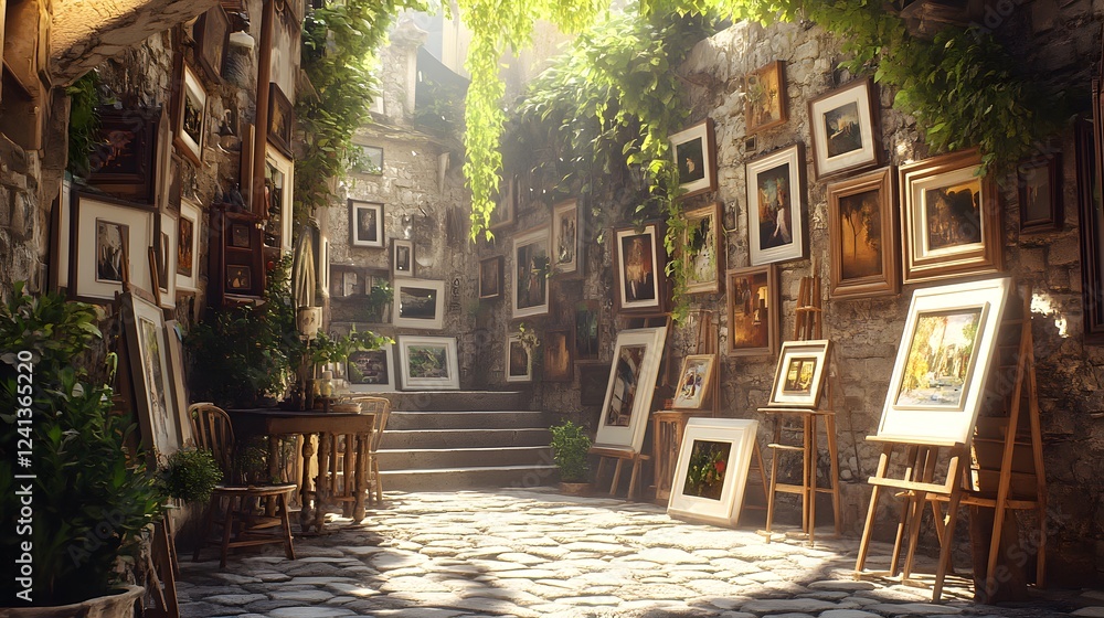 Fototapeta premium Photo of an alleyway in the ancient city center, walls covered with framed pictures and art pieces 