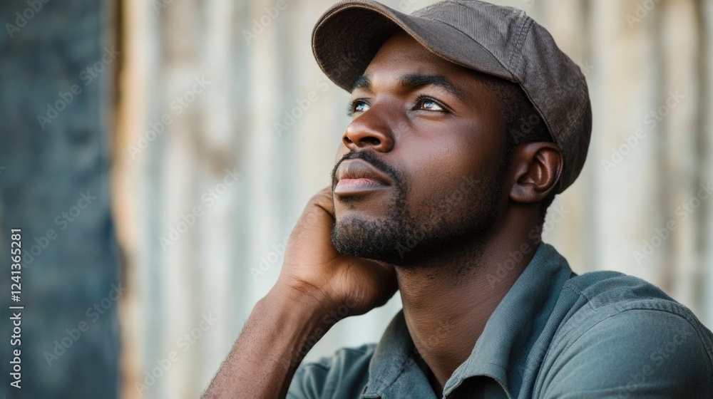 Thoughtful African man wearing a gray cap and green shirt contemplating innovative ideas in an outdoor setting with a rustic background Thoughtful African man wearing a gray cap and green shirt contemplating innovative ideas in an outdoor setting with a rustic background