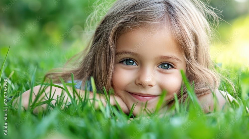 Smiling young girl with long brown hair resting on green grass in a sunny outdoor setting, enjoying nature and playfulness. Smiling young girl with long brown hair resting on green grass in a sunny outdoor setting, enjoying nature and playfulness.