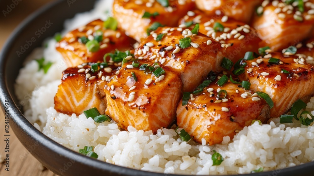Glazed salmon fillet on rice with sesame seeds and green onions Glazed salmon fillet on rice with sesame seeds and green onions