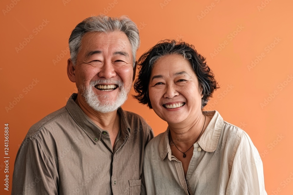 Portrait of a grinning asian couple in their 60s wearing a simple cotton shirt isolated in pastel orange background Portrait of a grinning asian couple in their 60s wearing a simple cotton shirt isolated in pastel orange background