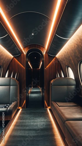 Luxurious private jet interior showcasing sleek design, ambient lighting, and spacious seating arrangement