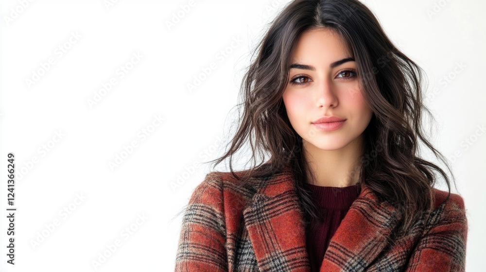 Brunette woman with wavy hair wearing a stylish orange plaid coat, elegantly posing against a bright white background, showcasing contemporary fashion and beauty. Brunette woman with wavy hair wearing a stylish orange plaid coat, elegantly posing against a bright white background, showcasing contemporary fashion and beauty.