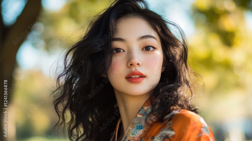 Captivating portrait of a young Asian woman in a vibrant orange kimono, surrounded by lush greenery in a sunlit park, showcasing natural beauty and elegance. Captivating portrait of a young Asian woman in a vibrant orange kimono, surrounded by lush greenery in a sunlit park, showcasing natural beauty and elegance.