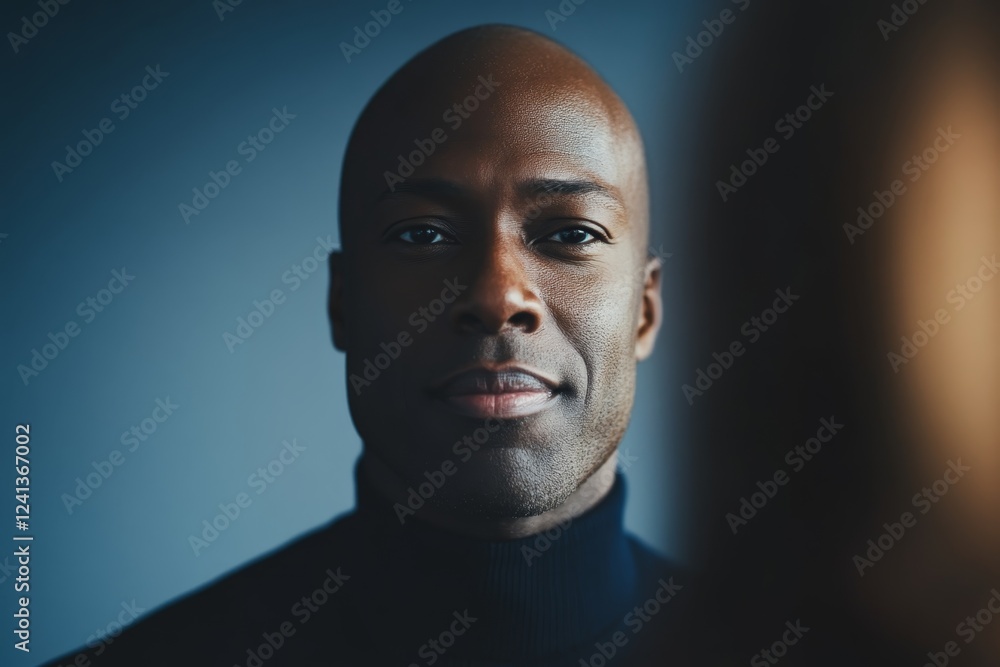Portrait of a confident man with a serene expression against a blurred background in soft lighting Portrait of a confident man with a serene expression against a blurred background in soft lighting