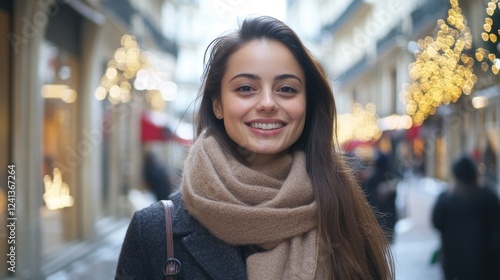 Wallpaper Mural Cheerful young woman wearing a warm scarf and coat smiling on a festive Paris street decorated with Christmas lights and shopping bags in winter. Torontodigital.ca