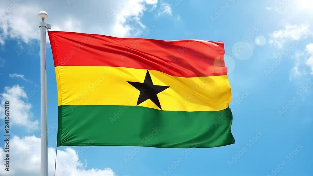 Ghana's Flag Waving Against a Clear Blue Sky Ghana's Flag Waving Against a Clear Blue Sky