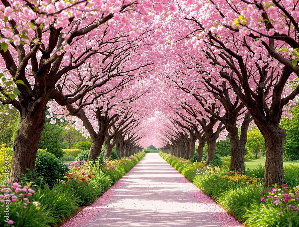 Naklejka premium a tranquil park pathway lined with cherry blossom trees, featuring delicate pink flowers and vibrant greenery
