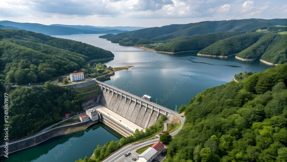 Aerial View of Hydroelectric Dam – Renewable Energy in a Lush Green Landscape Aerial View of Hydroelectric Dam – Renewable Energy in a Lush Green Landscape