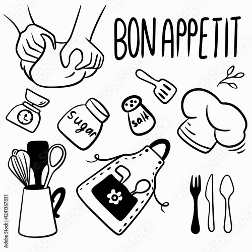 Food preparation elements for cooking: chef's hat, bag of flour, scales, fork, hands with dough, set of cutlery, grater, salt, bon appetit inscription