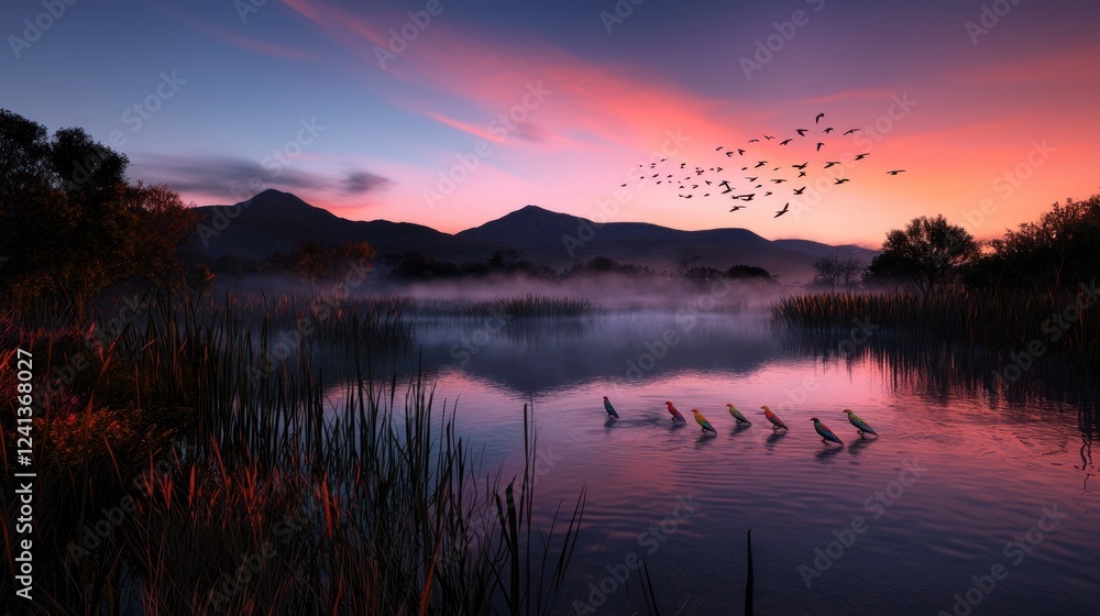 Serene sunset over a tranquil lake with birds flying and mountains in the background Serene sunset over a tranquil lake with birds flying and mountains in the background