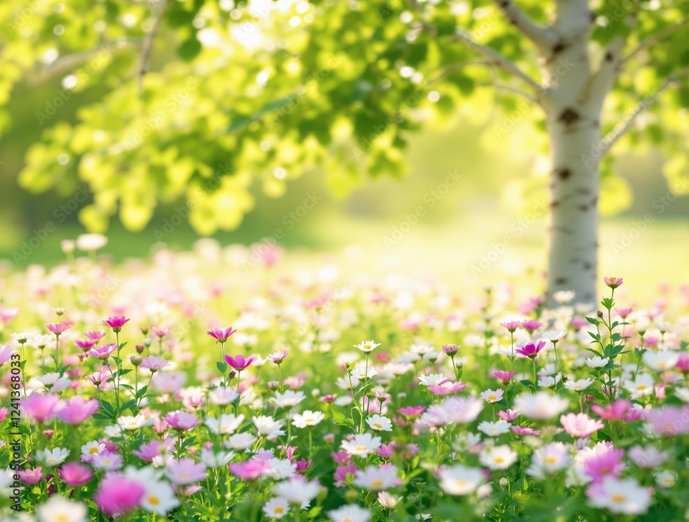 field of pink and white flowers blooming beneath a lush green tree field of pink and white flowers blooming beneath a lush green tree