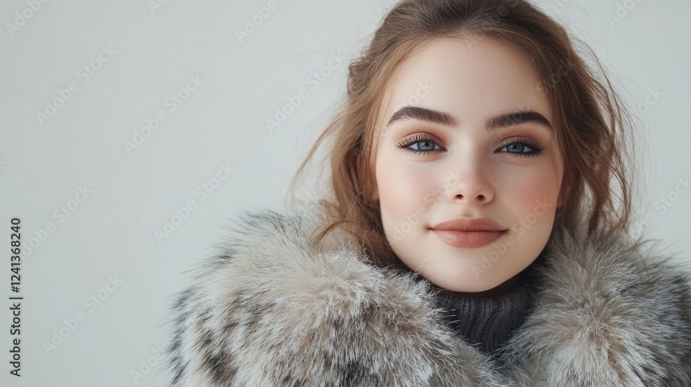 Stylish young woman with natural makeup wearing a luxurious fur coat smiling joyfully against a light neutral background showcasing elegance and beauty Stylish young woman with natural makeup wearing a luxurious fur coat smiling joyfully against a light neutral background showcasing elegance and beauty