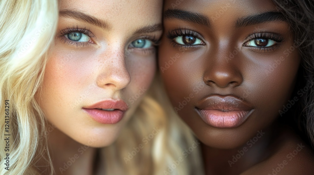 Close-up portrait of two stunning women with blonde and dark brown skin, showcasing diverse beauty and vibrant skin tones, highlighted by natural light. Close-up portrait of two stunning women with blonde and dark brown skin, showcasing diverse beauty and vibrant skin tones, highlighted by natural light.