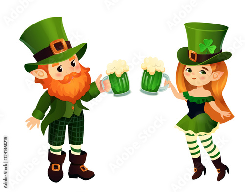 Vector illustration of a cheerful leprechaun couple celebrating St. Patrick's Day with mugs of green beer. The male and female leprechauns wear traditional Irish outfits, including green hats with