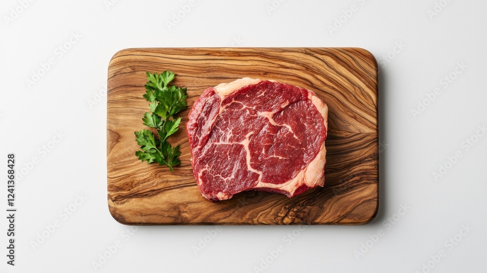 Fresh Ribeye Steak on Olive Wood Cutting Board with Herbs Fresh Ribeye Steak on Olive Wood Cutting Board with Herbs