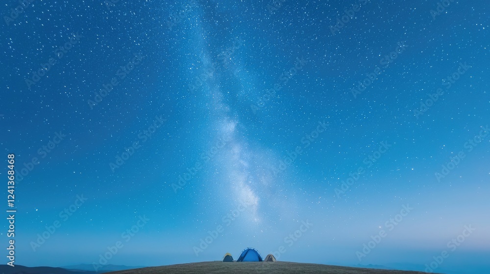 Naklejka premium Night camping under Milky Way galaxy, starlit sky, mountaintop