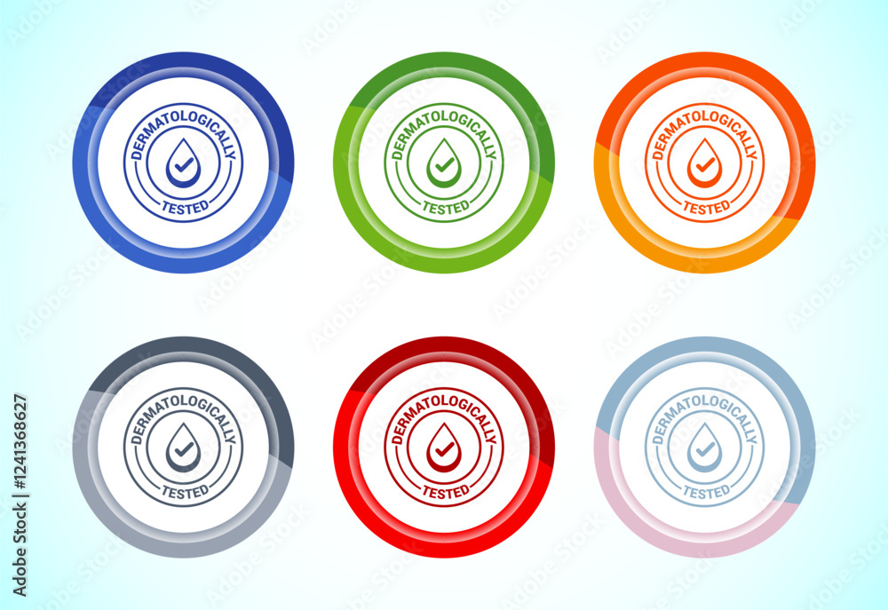 Dermatologically tested icon, dermatology test and dermatologist clinic icon, 6 color button design set