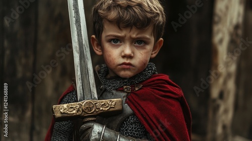 Young boy in medieval knight costume wearing a red cape holding a large iron sword outdoors, showcasing intense expression and detailed armor. photo