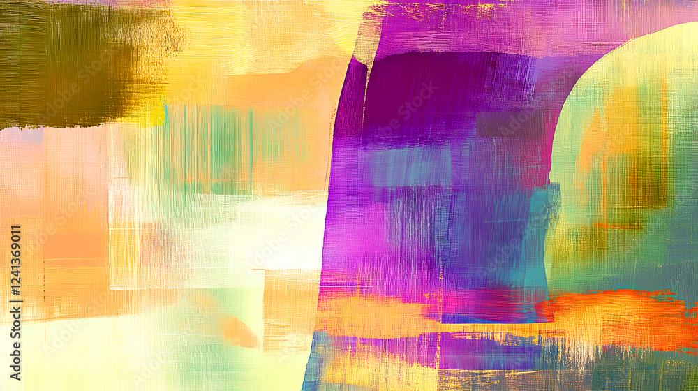 Naklejka premium Abstract background with textured brushstrokes in vibrant shades of purple, yellow, orange, and green