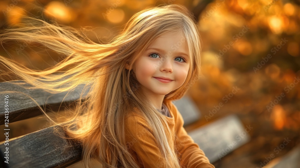 Fototapeta premium Happy smiling preschool girl with long blonde hair wearing casual autumn clothing sitting on a wooden bench surrounded by golden fall leaves.