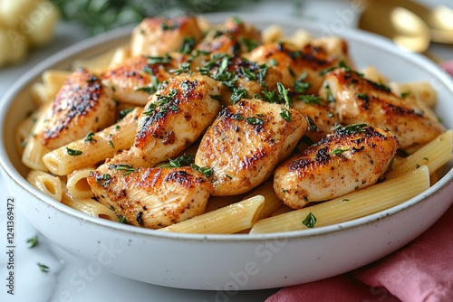 Seasoned chicken breast pieces served over penne pasta garnished with fresh herbs A simple delicious meal