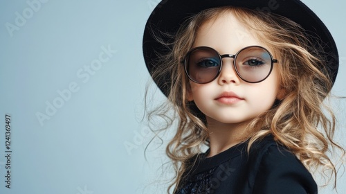 Stylish young girl in sunglasses and hat posing against a light background showcasing fashion and confidence in a portrait style. photo