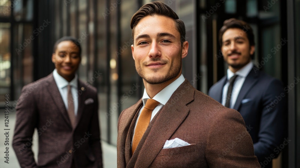 Confident young businessman in elegant brown suit smiling at camera with intercultural colleagues discussing in modern urban office setting. Confident young businessman in elegant brown suit smiling at camera with intercultural colleagues discussing in modern urban office setting.
