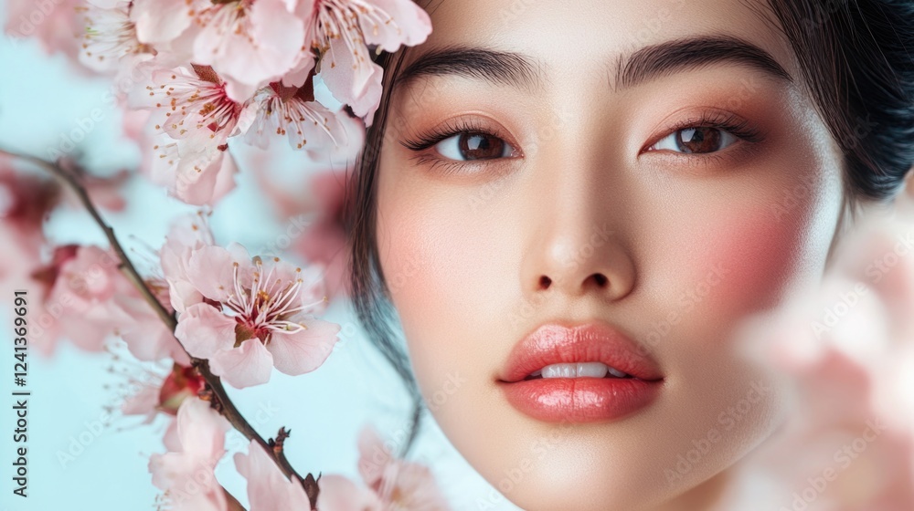 Portrait of a young East Asian woman with flawless skin surrounded by delicate pink cherry blossoms, showcasing a fresh makeup look against a soft blue background. Portrait of a young East Asian woman with flawless skin surrounded by delicate pink cherry blossoms, showcasing a fresh makeup look against a soft blue background.