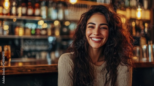 Wallpaper Mural Smiling young woman with long curly hair in cozy bar setting, warm lighting, and blurred bottles in background celebrating joy and connection Torontodigital.ca