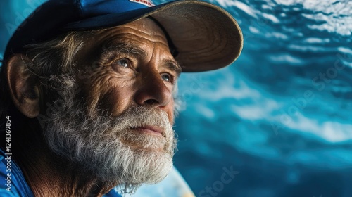 Elderly male surfer gazing thoughtfully at the rolling blue ocean waves while preparing surfboard bag for an exciting surfing session at the beach photo