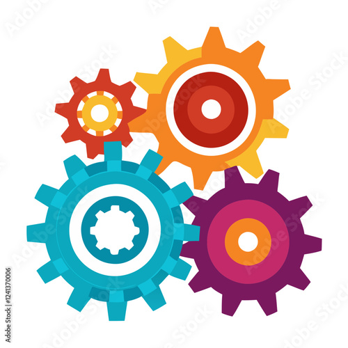 Vibrant gears in various sizes and colors are arranged on a clean white background, showcasing the dynamics of machinery and collaboration. Their design emphasizes creativity in engineering