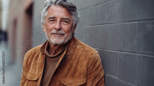 Elderly man with gray hair dressed in a brown suede jacket and tan sweater leaning against a textured gray wall in an urban setting