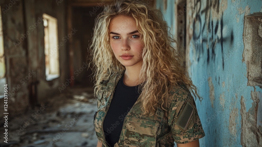 Naklejka premium Young military woman with curly blond hair in Ukrainian army uniform and black T-shirt, three-quarter portrait captured in an abandoned building with distressed interior and natural light.