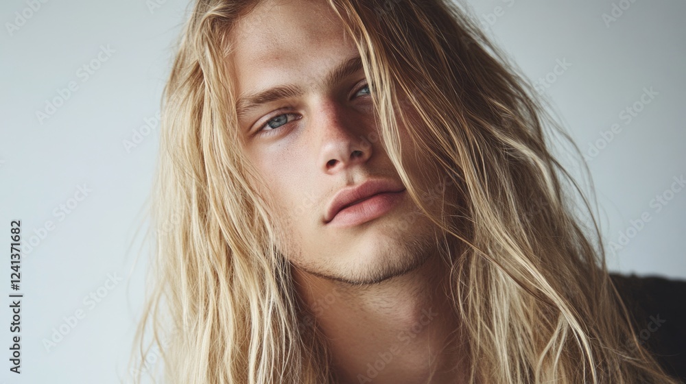 Fototapeta premium Portrait of a young man with long blonde hair against a soft white backdrop exhibiting a serene expression and gentle facial features in natural light.