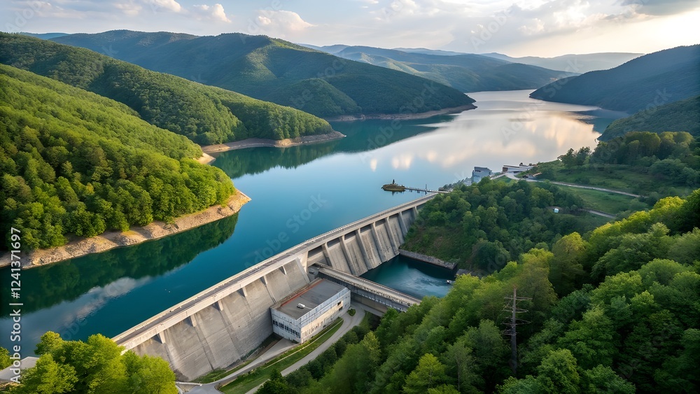 Aerial View of Hydroelectric Dam – Renewable Energy in a Lush Green Landscape Aerial View of Hydroelectric Dam – Renewable Energy in a Lush Green Landscape