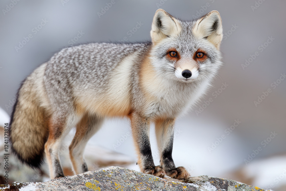 Red fox with piercing eyes standing on snowy rocks in natural habitat during winter Red fox with piercing eyes standing on snowy rocks in natural habitat during winter