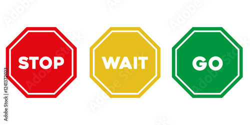 Stop, wait, go, red, yellow, green sign set. traffic symbols or alert signs. Isolated traffic icons web vector illustraiton.