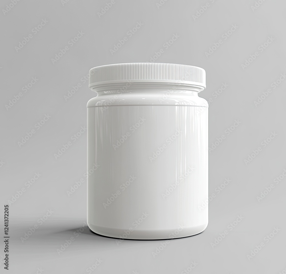 White plastic jar for medical pendant, on a gray background, mockup template, front view, high resolution, hyper-realistic, stock photography style. White plastic jar for medical pendant, on a gray background, mockup template, front view, high resolution, hyper-realistic, stock photography style.