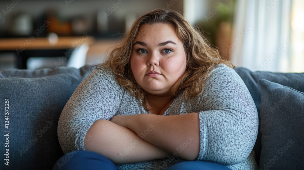 Plus size woman sitting on sofa with arms crossed expressing sadness and contemplation in a bright modern living room interior reflecting mental health challenges Plus size woman sitting on sofa with arms crossed expressing sadness and contemplation in a bright modern living room interior reflecting mental health challenges