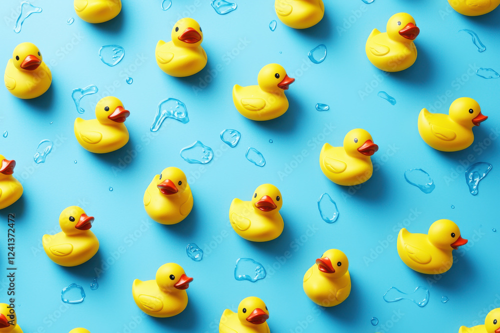 Playful pattern of tiny rubber ducks scattered on a bright blue background with water ripple textures creates a cheerful atmosphere Playful pattern of tiny rubber ducks scattered on a bright blue background with water ripple textures creates a cheerful atmosphere