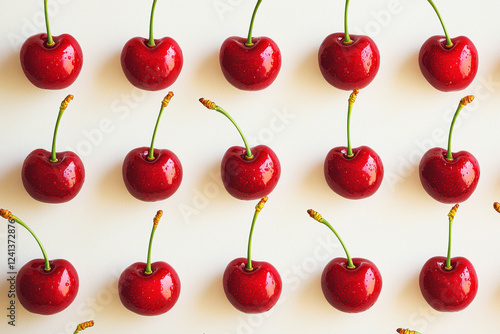 Bright red cherries with green stems create a lively pattern on a crisp white background