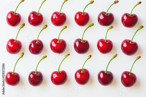 Bright red cherries arranged in a repeating pattern on a clean white background, perfect for summer decor