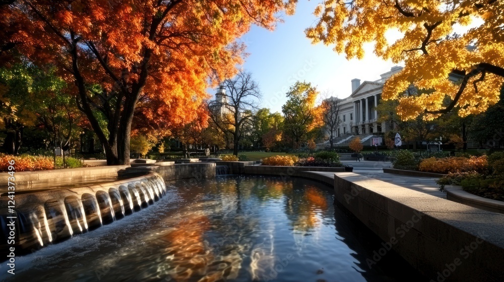 Serene autumn park scene with vibrant foliage reflecting in calm water, showcasing nature's beauty Serene autumn park scene with vibrant foliage reflecting in calm water, showcasing nature's beauty