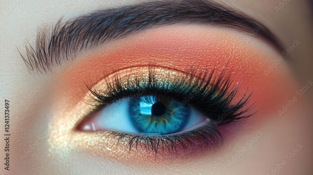 Obraz premium Vibrant close-up of a woman's eye featuring striking blue iris, long black eyelashes, and colorful makeup in warm orange and gold hues.