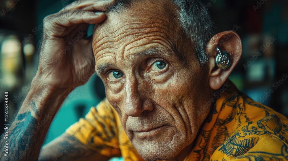 Elderly man with a stylish ear accessory looking contemplatively while touching his head, wearing a vibrant orange floral shirt in a cozy indoor setting. Elderly man with a stylish ear accessory looking contemplatively while touching his head, wearing a vibrant orange floral shirt in a cozy indoor setting.