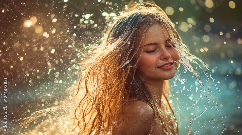 Obraz premium young woman with long wavy hair enjoying water splashes in sunlight creating a joyful and carefree atmosphere with golden reflections